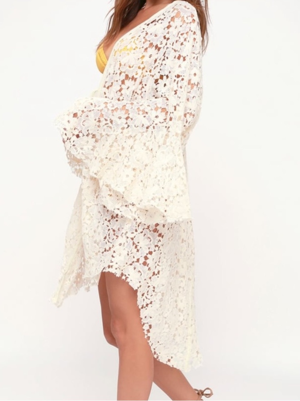 Free People (intimates) Cream Lace Open-Front Kimono Cardigan/ Robe Size M